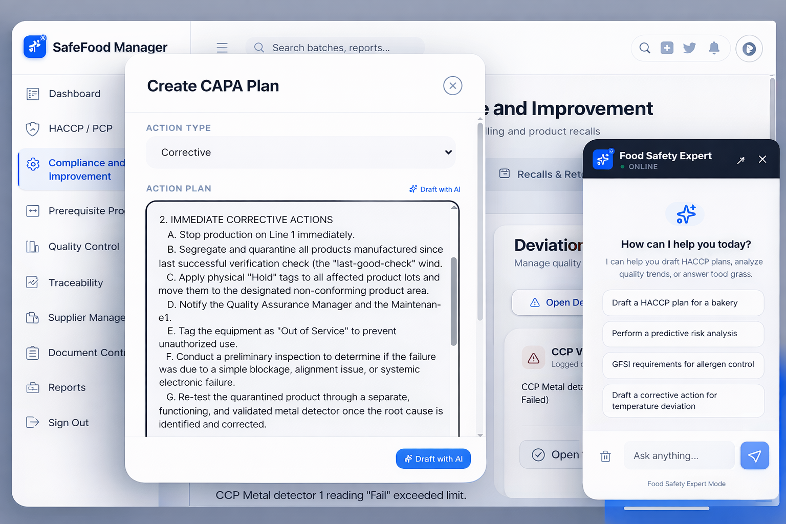 SafeFood Manager Dashboard